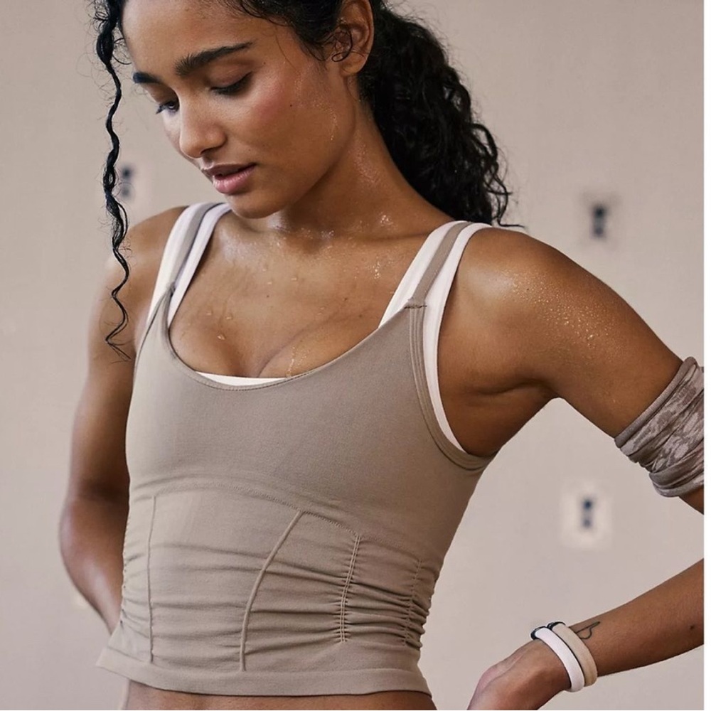 #492 Free People Good Karma Ruched Cropped Tank Top - Mushroom